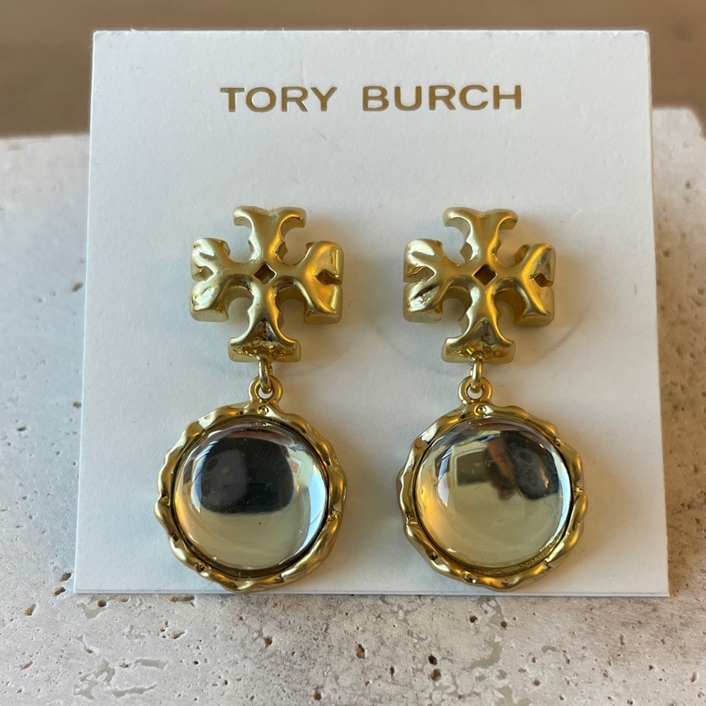 Tory Burch Logo Drop Earrings Gold Tone Clear Stone Dangle Statement